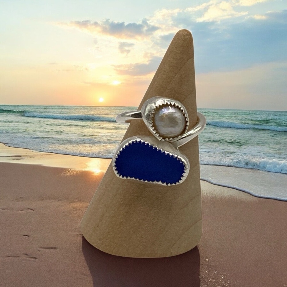 Sea Glass and Pearl Wrap Ring in Sterling Silver Adjustable Size 5.5-6.5